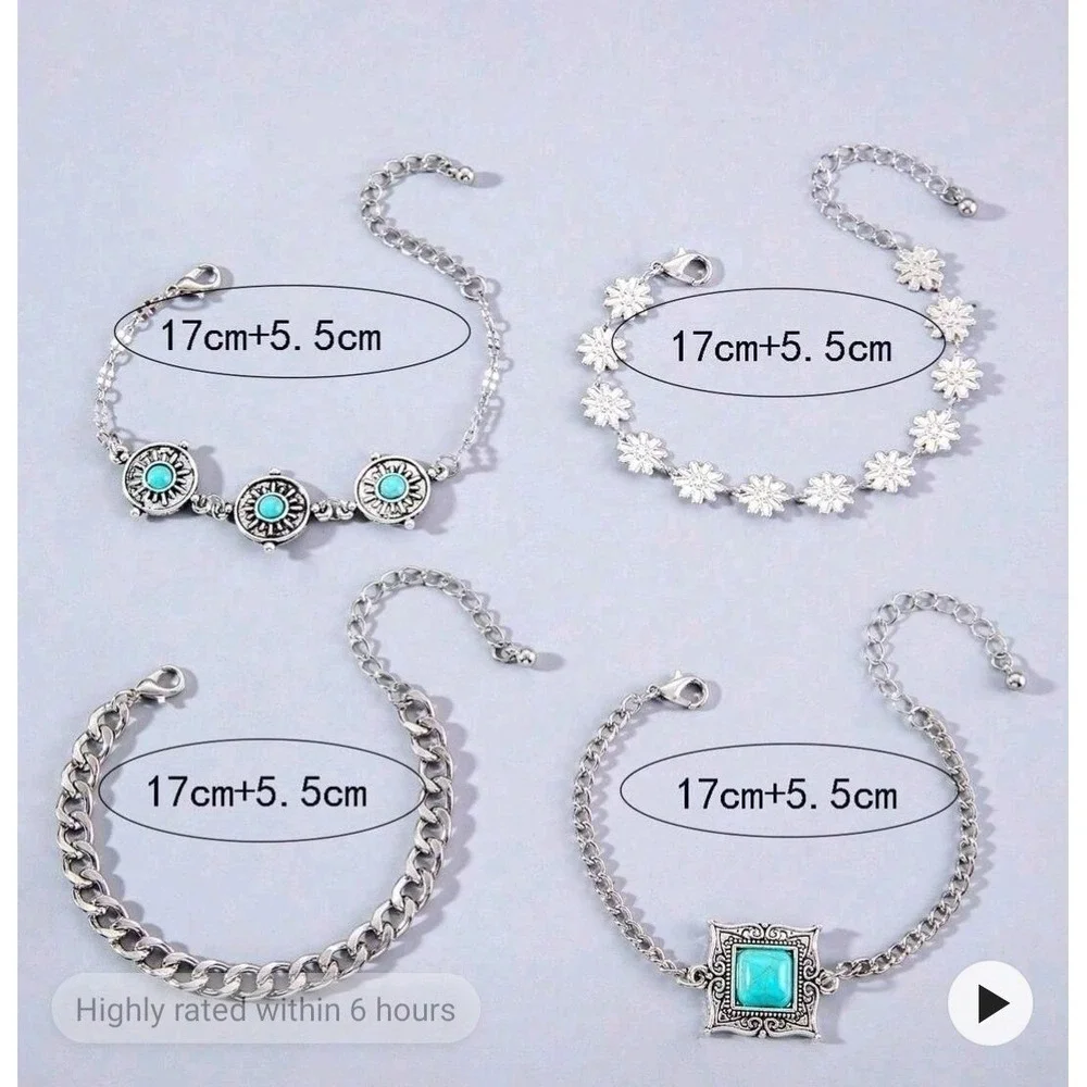 Vintagei Inspired  Boho Turquoise Bracelet Set  4Piece Silver Chain & Charm Pack